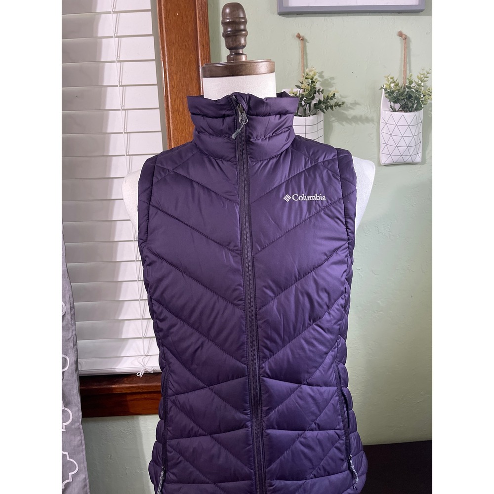 Columbia Heavenly Omni-Heat Puffer Vest Womens Purple Chevron Quilted Full Zip